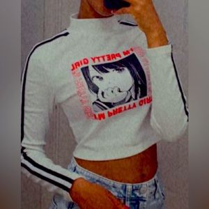 Slogan and Figure Graphic Striped Side Tee